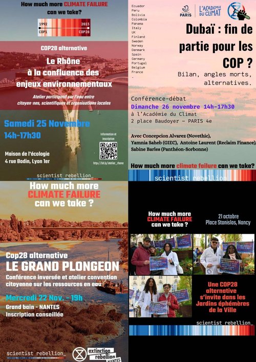 several posters announcing actions and events